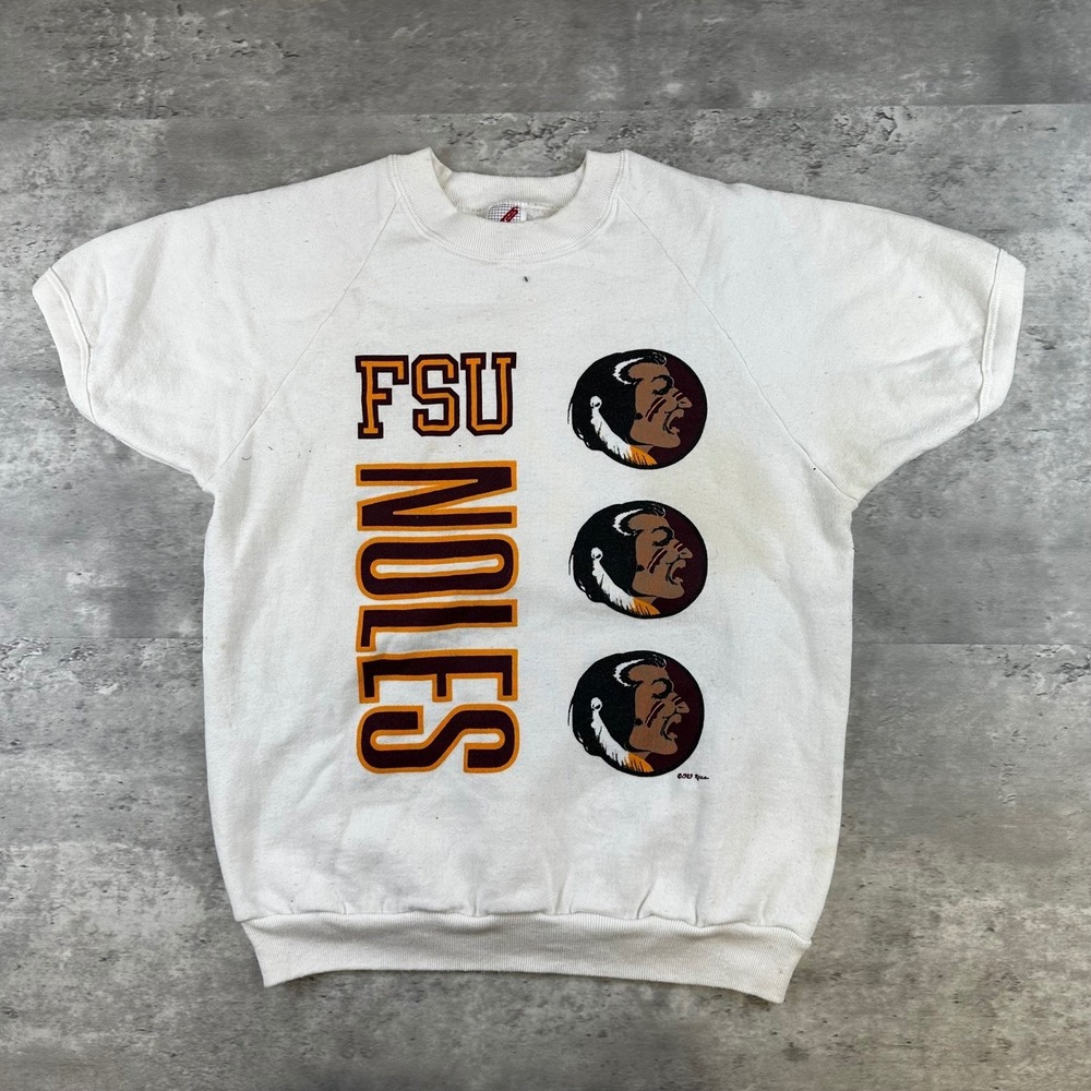 Vintage 1989 FSU Seminoles Jerzees Short Sleeve Sweatshirt White Mens Medium USA